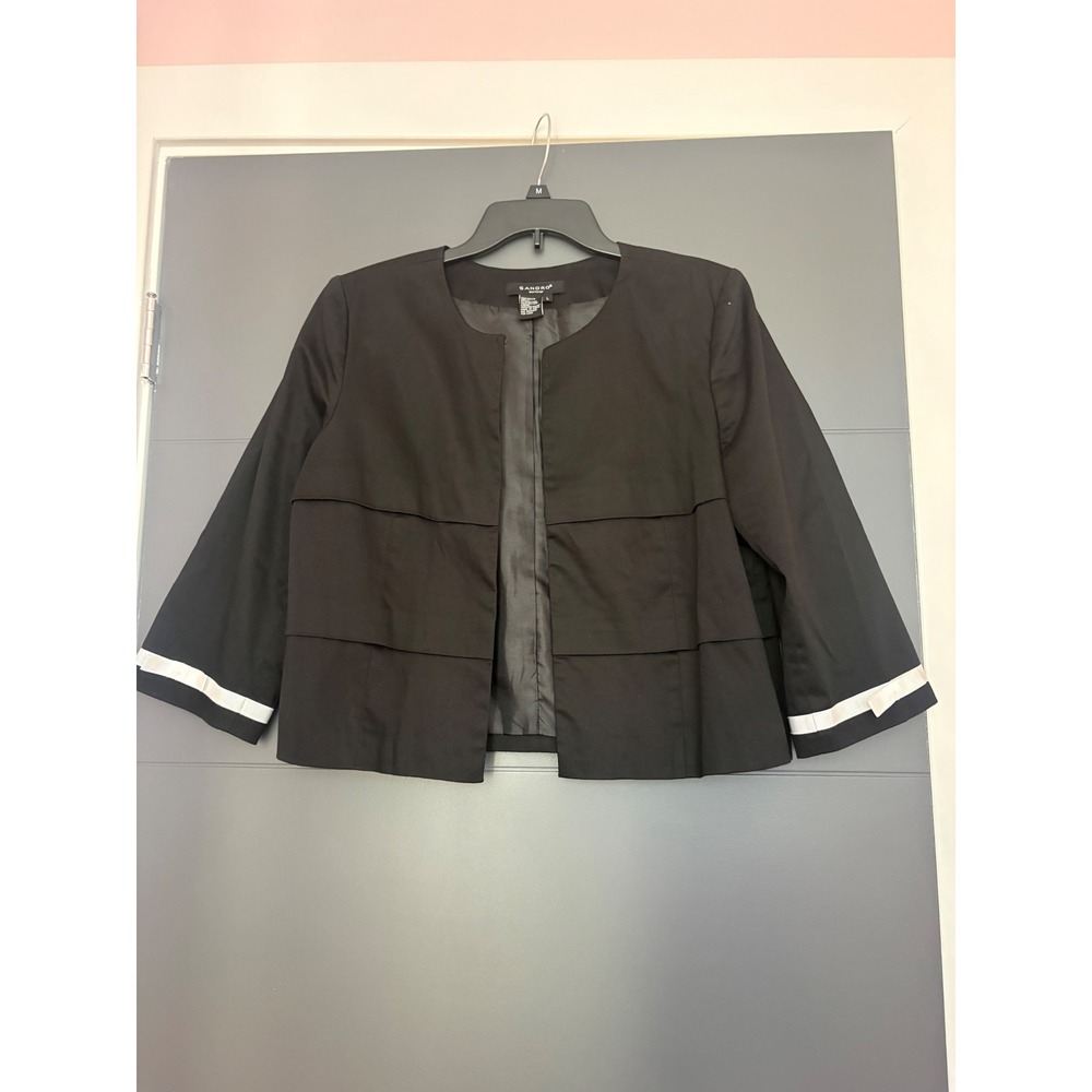 Sandro Sportswear Black Tiered Cropped Jacket White Bow Cuff Trim Womens Large